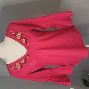 Carlie's Court Pink Cotton V-neck Embroidered 3/4 Sleeve Boho Blouse Size S